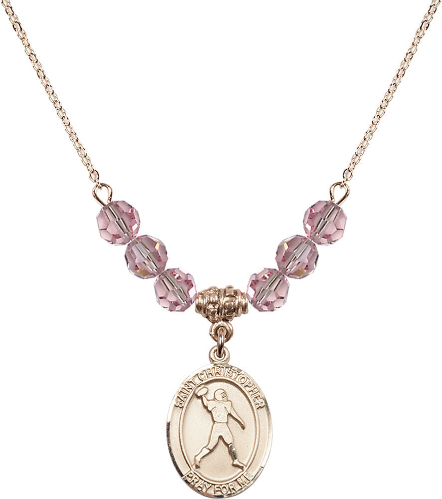 14kt Gold Filled Saint Christopher/Football Birthstone Necklace with Light Rose Beads - 8151