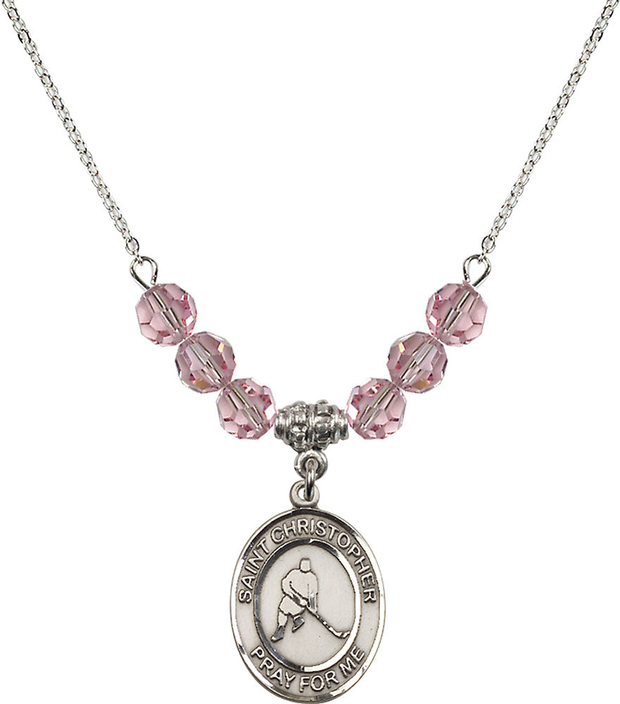 Sterling Silver Saint Christopher/Ice Hockey Birthstone Necklace with Light Rose Beads - 8155