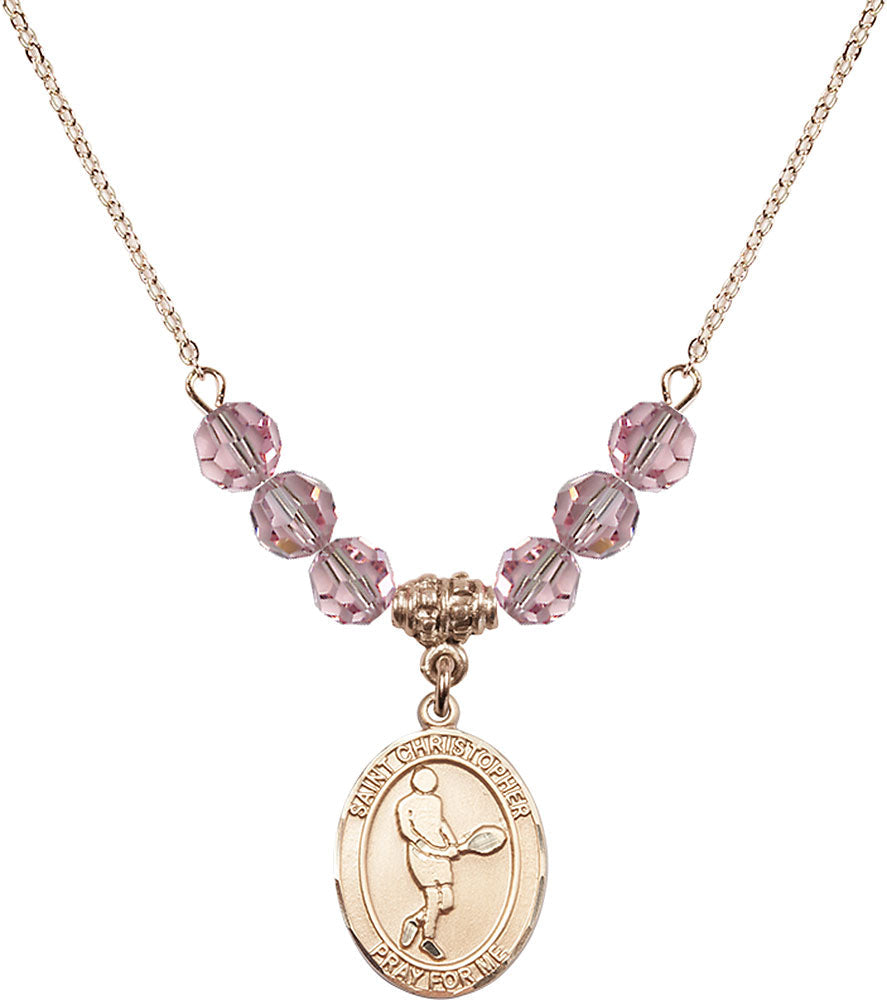 14kt Gold Filled Saint Christopher/Tennis Birthstone Necklace with Light Rose Beads - 8156