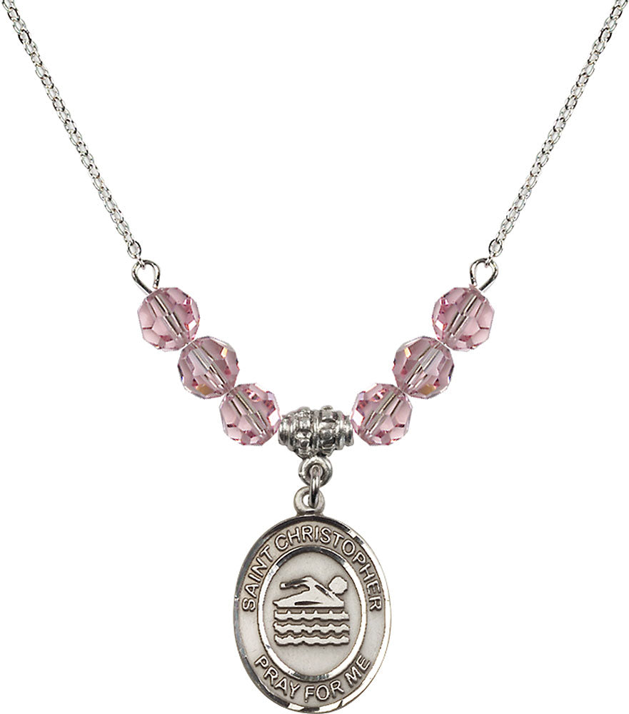 Sterling Silver Saint Christopher/Swimming Birthstone Necklace with Light Rose Beads - 8157