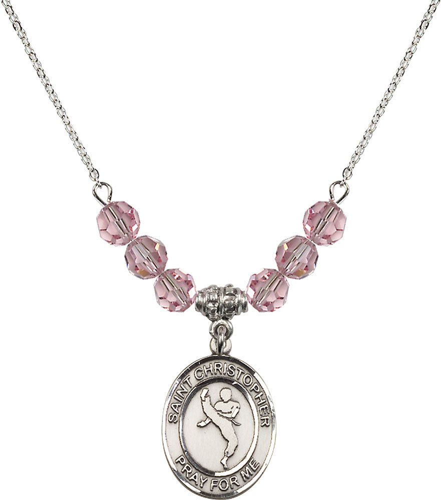 Sterling Silver Saint Christopher/Martial Arts Birthstone Necklace with Light Rose Beads - 8158
