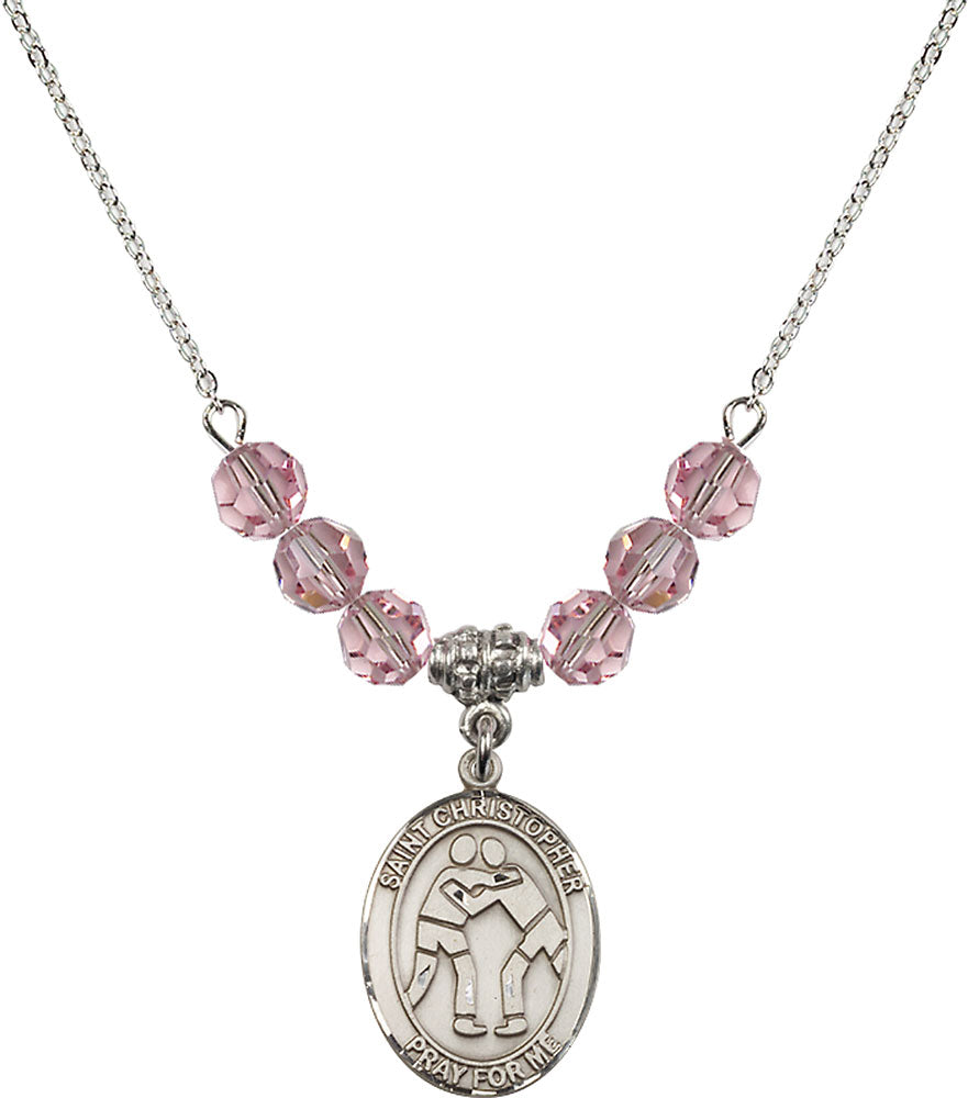 Sterling Silver Saint Christopher/Wrestling Birthstone Necklace with Light Rose Beads - 8159