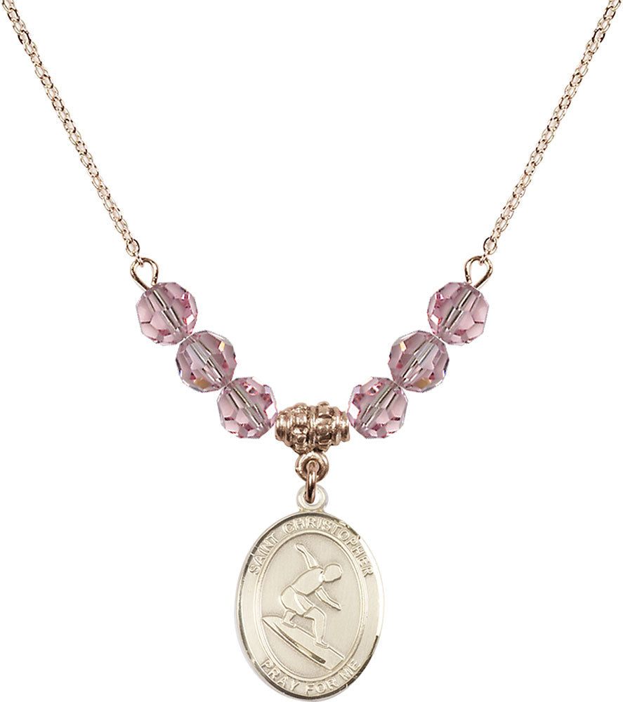 14kt Gold Filled Saint Christopher/Surfing Birthstone Necklace with Light Rose Beads - 8184