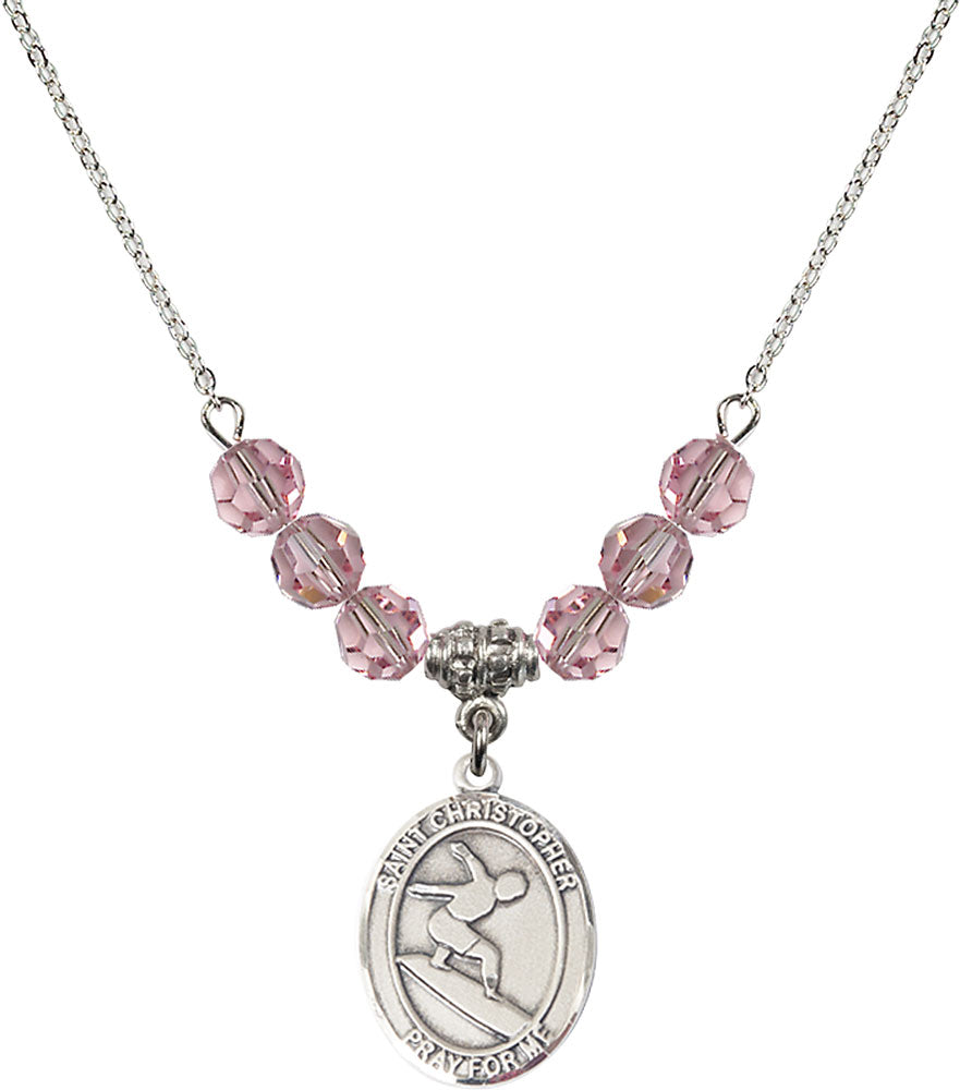 Sterling Silver Saint Christopher/Surfing Birthstone Necklace with Light Rose Beads - 8184