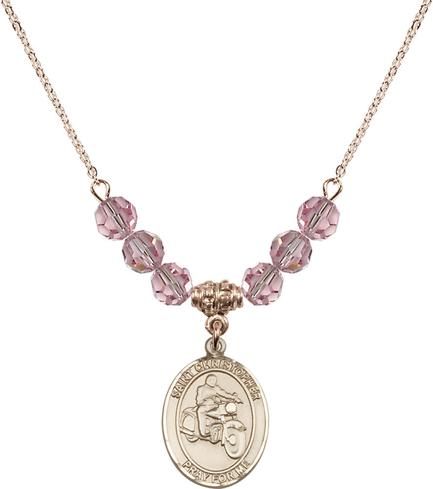 14kt Gold Filled Saint Christopher/Motorcycle Birthstone Necklace with Light Rose Beads - 8185