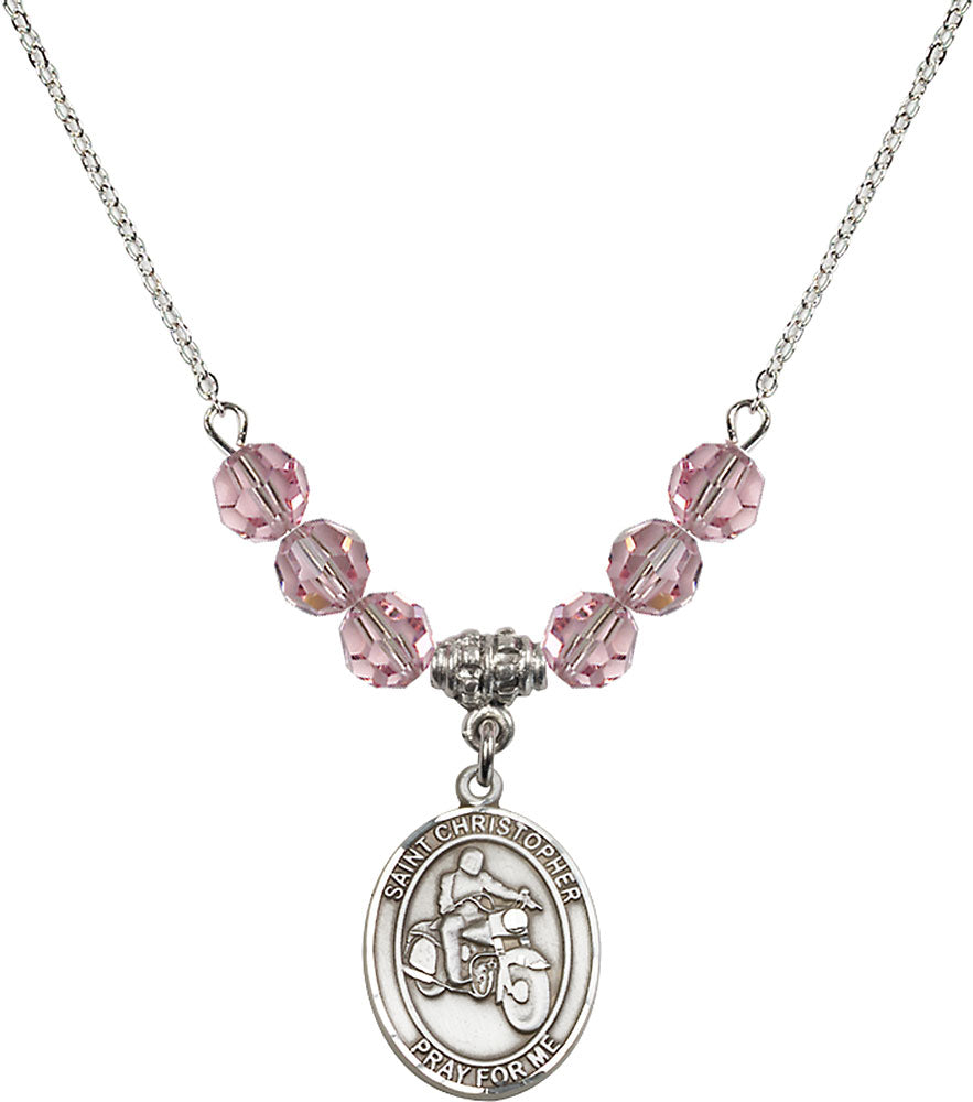 Sterling Silver Saint Christopher/Motorcycle Birthstone Necklace with Light Rose Beads - 8185