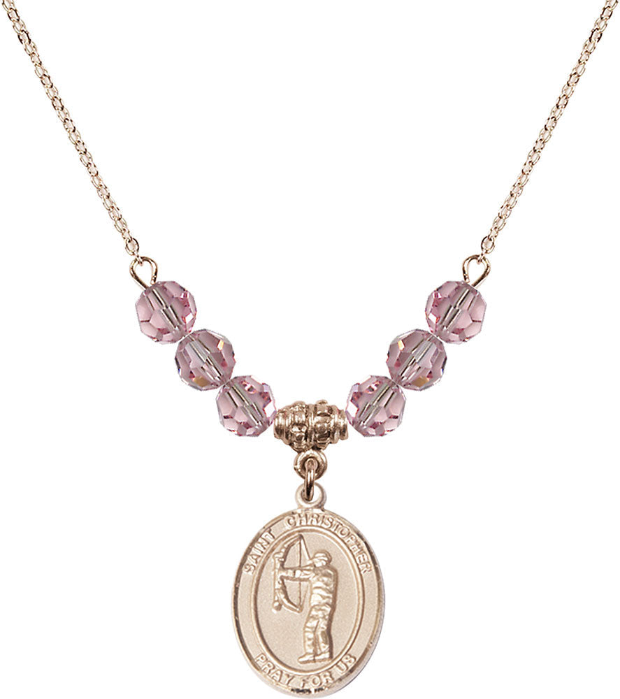 14kt Gold Filled Saint Christopher/Archery Birthstone Necklace with Light Rose Beads - 8190