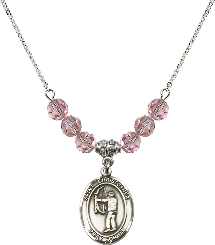 Sterling Silver Saint Christopher/Archery Birthstone Necklace with Light Rose Beads - 8190