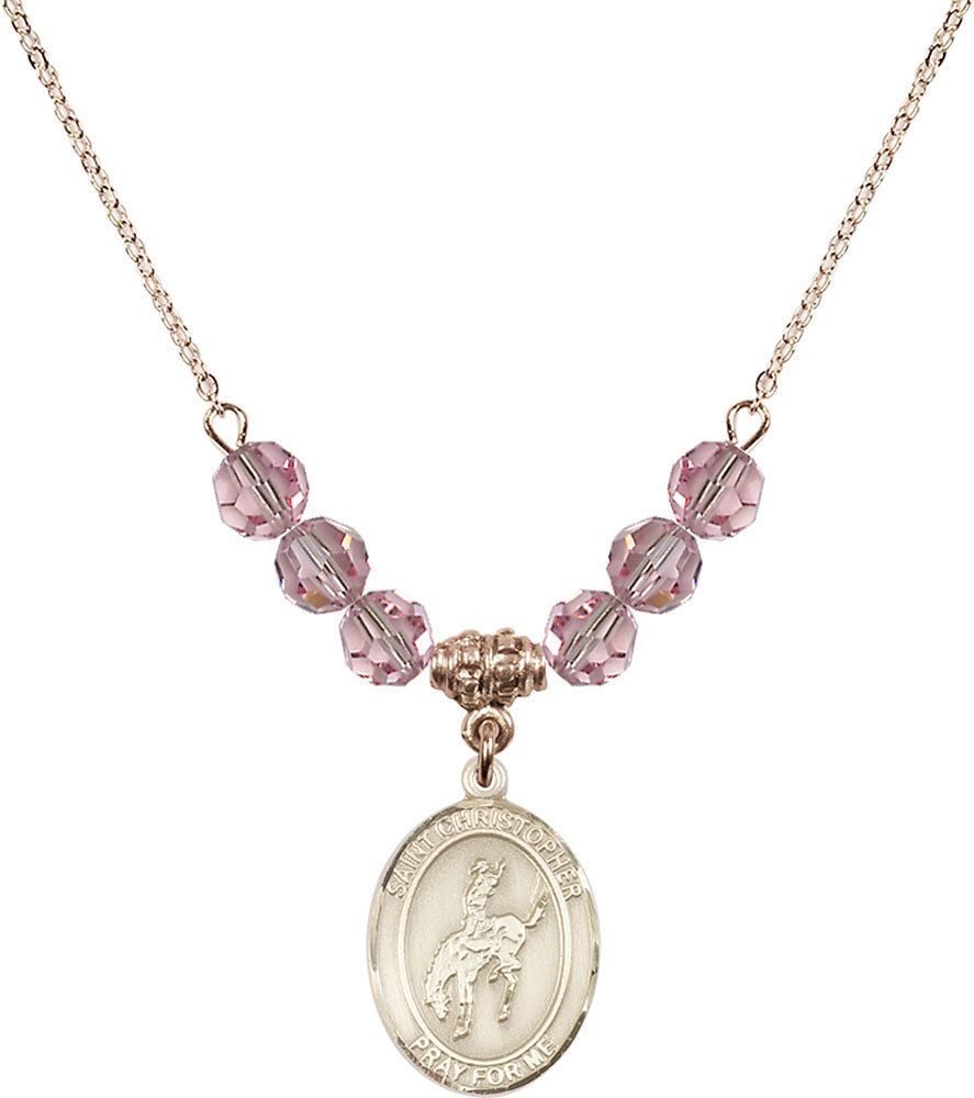 14kt Gold Filled Saint Christopher / Rodeo Birthstone Necklace with Light Rose Beads - 8192