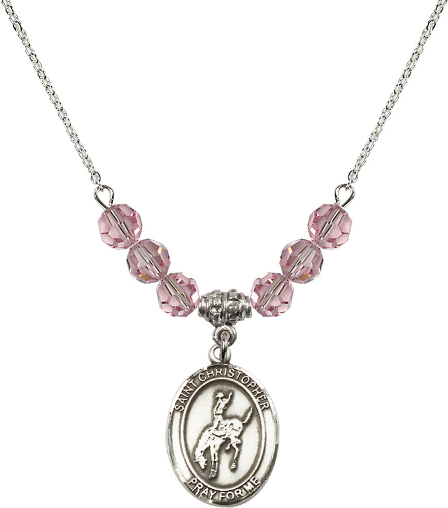 Sterling Silver Saint Christopher / Rodeo Birthstone Necklace with Light Rose Beads - 8192