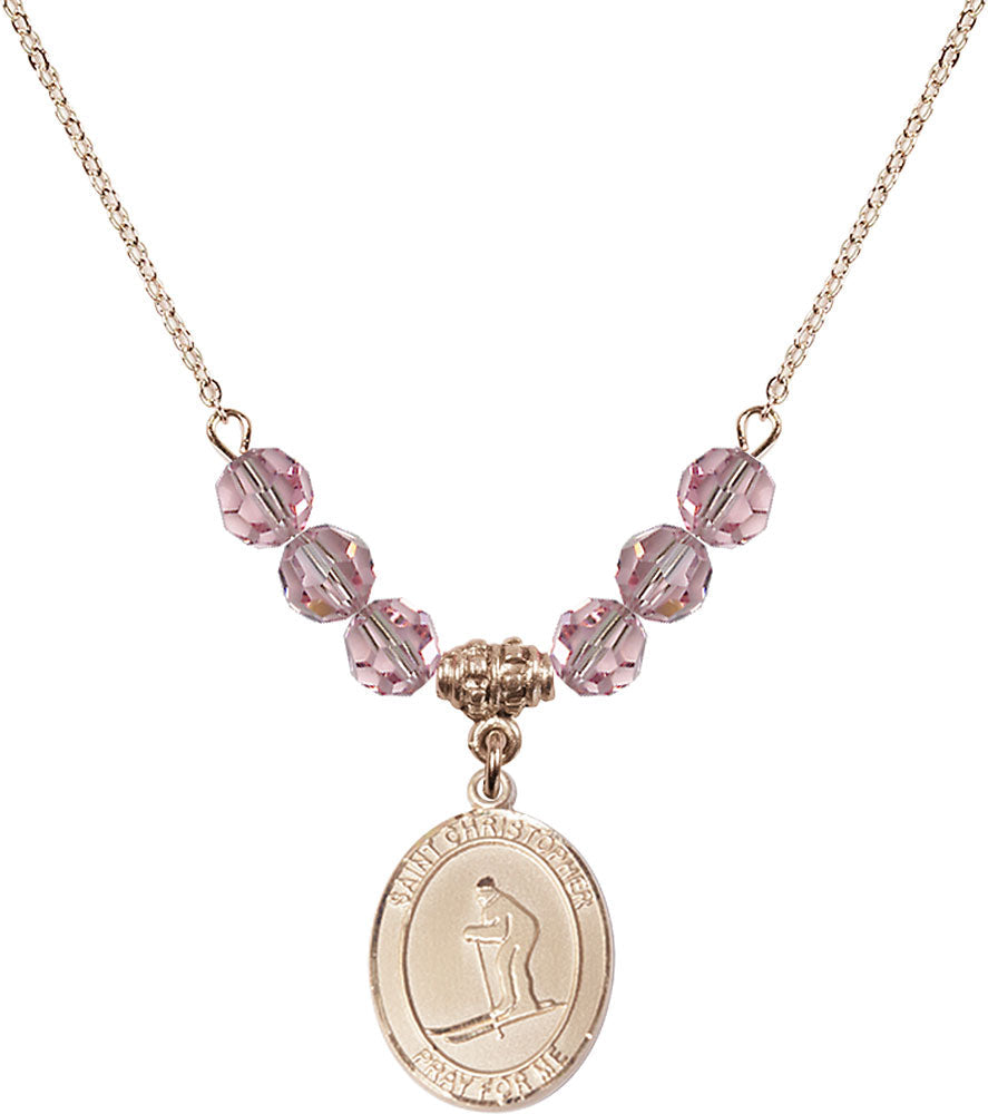 14kt Gold Filled Saint Christopher / Skiing Birthstone Necklace with Light Rose Beads - 8193