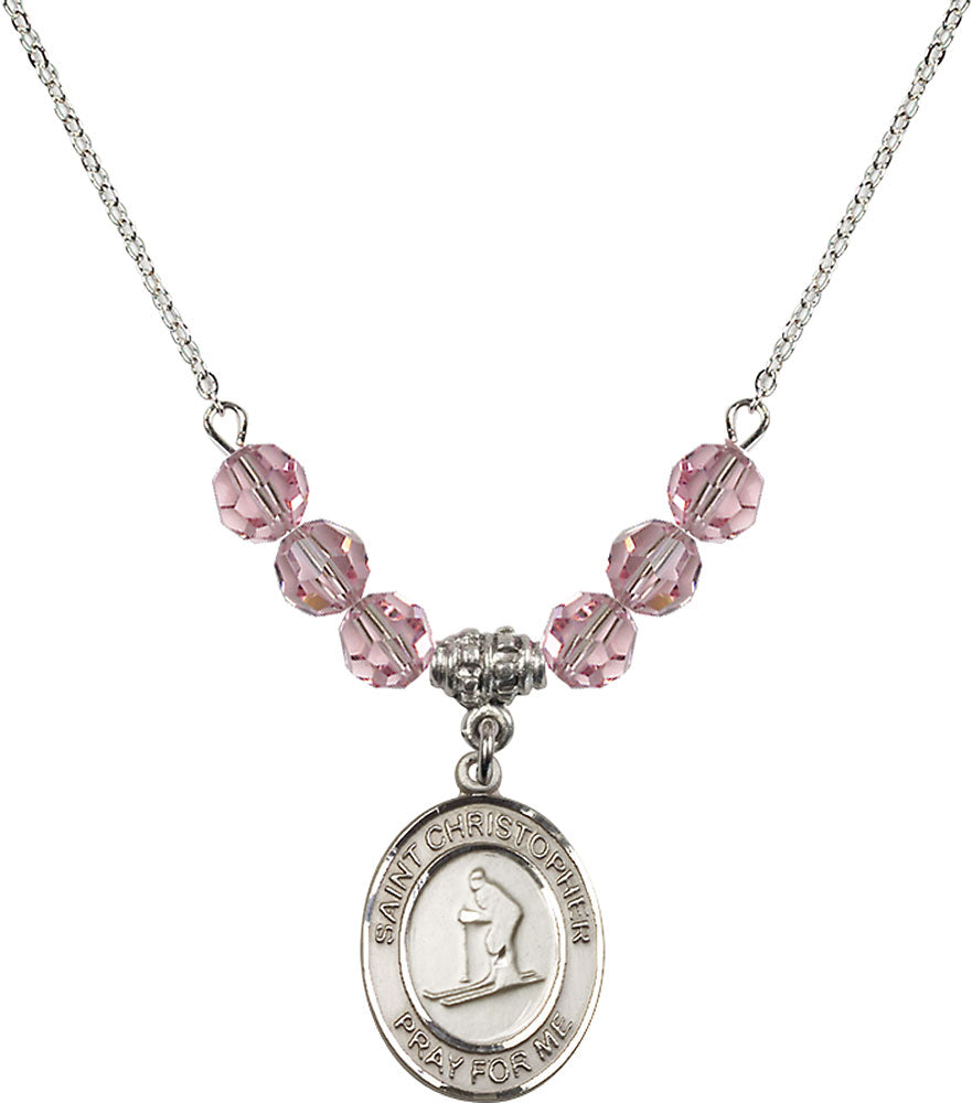 Sterling Silver Saint Christopher / Skiing Birthstone Necklace with Light Rose Beads - 8193