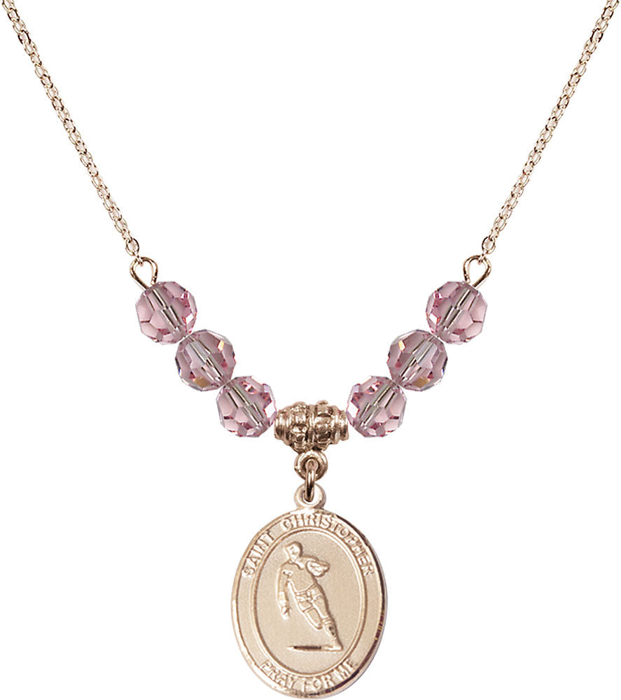 14kt Gold Filled Saint Christopher / Rugby Birthstone Necklace with Light Rose Beads - 8194