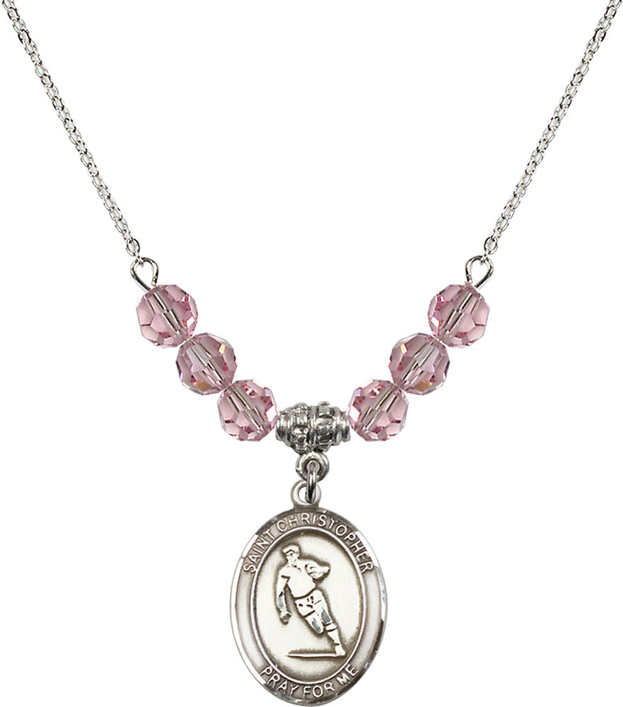 Sterling Silver Saint Christopher / Rugby Birthstone Necklace with Light Rose Beads - 8194