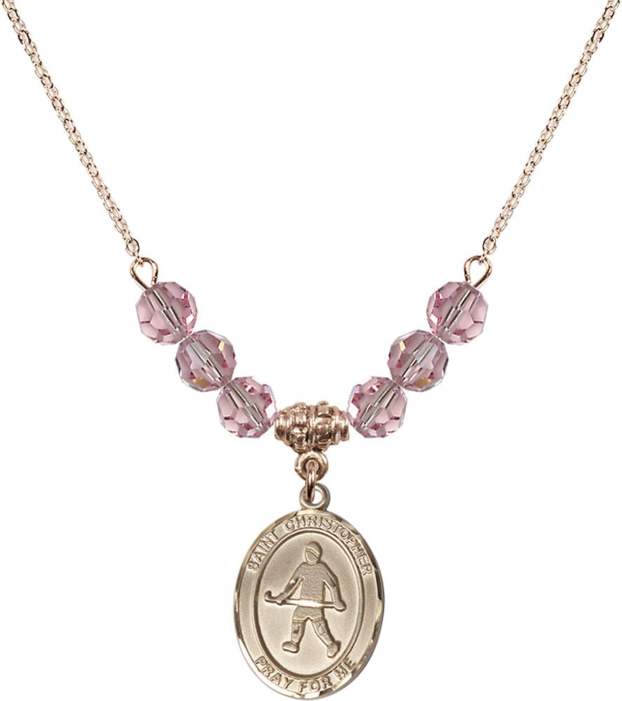 14kt Gold Filled Saint Christopher / Field Hockey Birthstone Necklace with Light Rose Beads - 8195