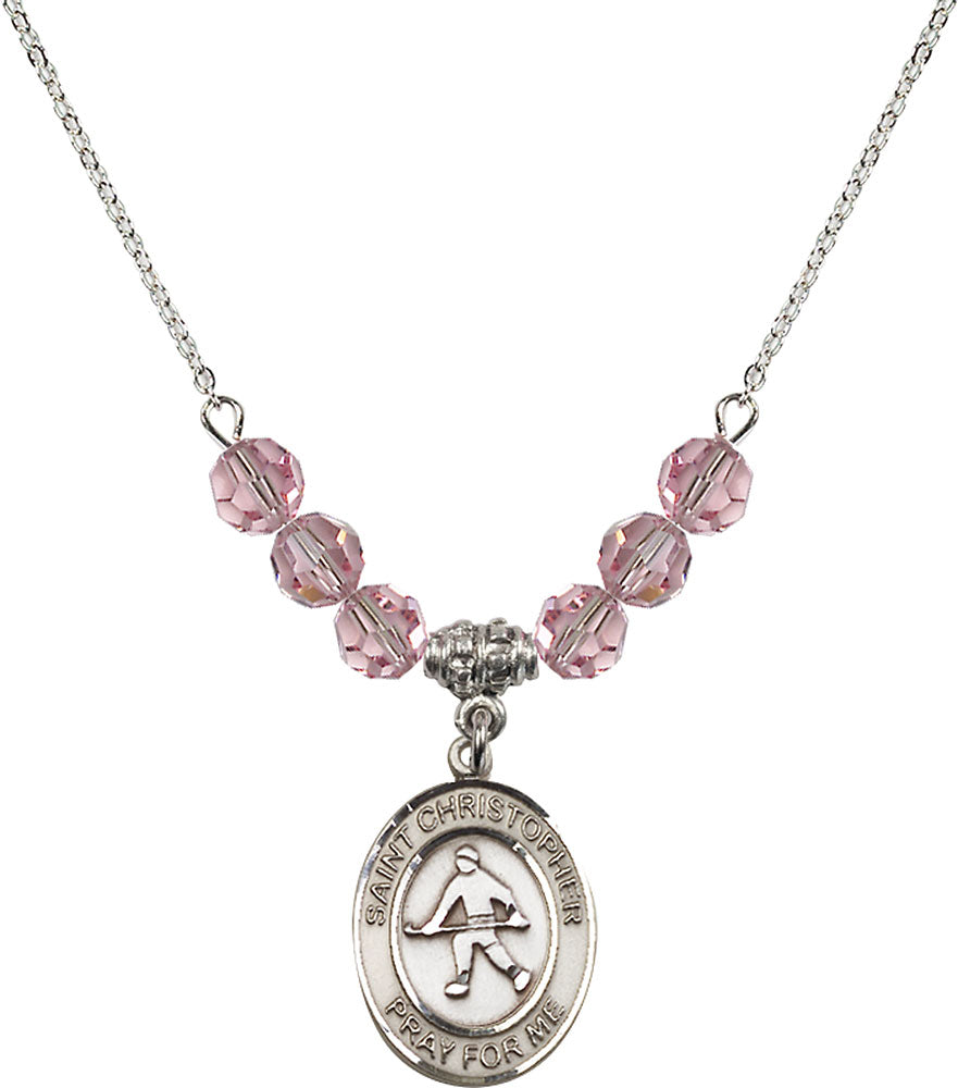 Sterling Silver Saint Christopher / Field Hockey Birthstone Necklace with Light Rose Beads - 8195
