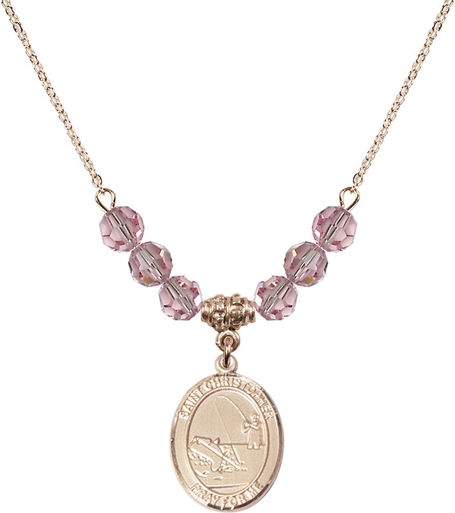 14kt Gold Filled Saint Christopher / Fishing Birthstone Necklace with Light Rose Beads - 8196