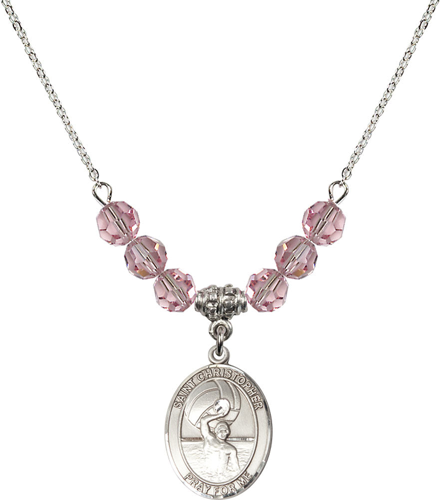 Sterling Silver Saint Christopher/Water Polo-Men Birthstone Necklace with Light Rose Beads - 8198