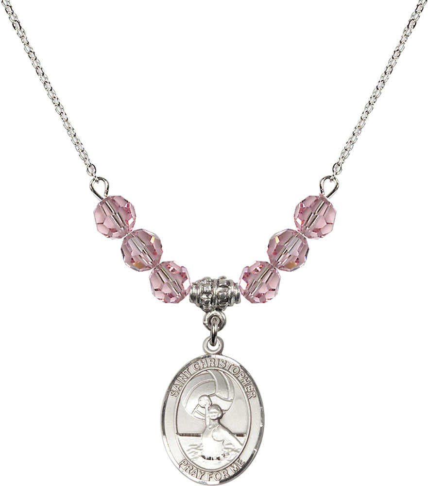 Sterling Silver Saint Christopher/Water Polo-Women Birthstone Necklace with Light Rose Beads - 8199