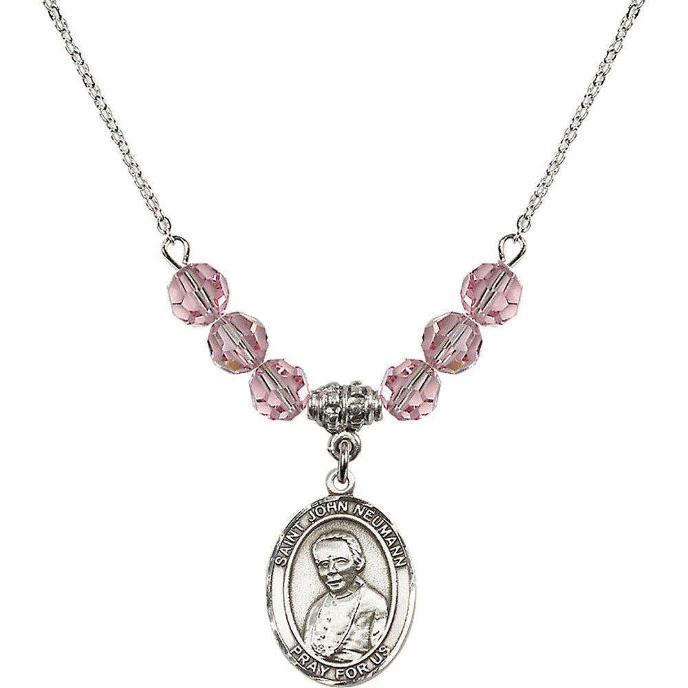 Sterling Silver Saint John Neumann Birthstone Necklace with Light Rose Beads - 8204