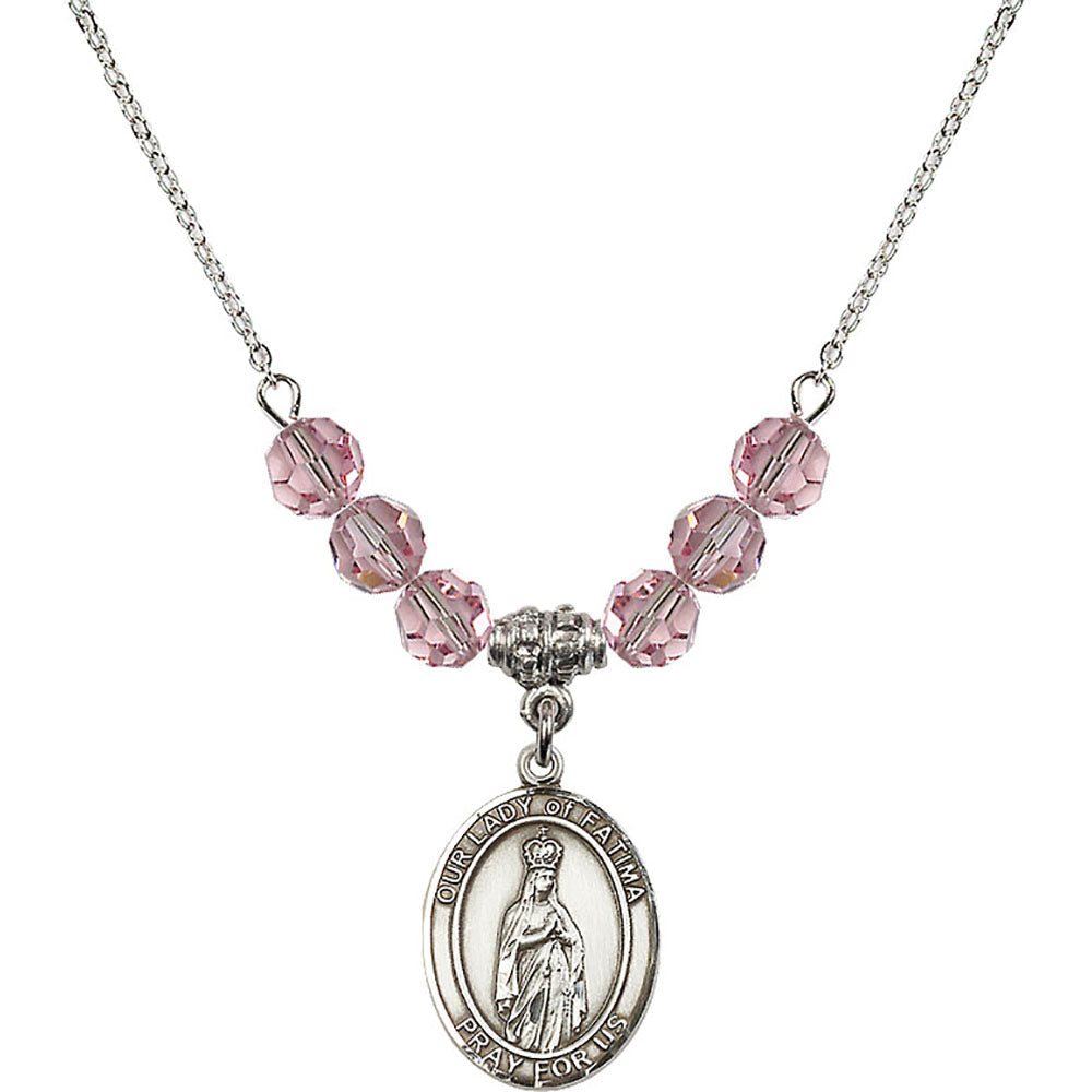 Sterling Silver Our Lady of Fatima Birthstone Necklace with Light Rose Beads - 8205