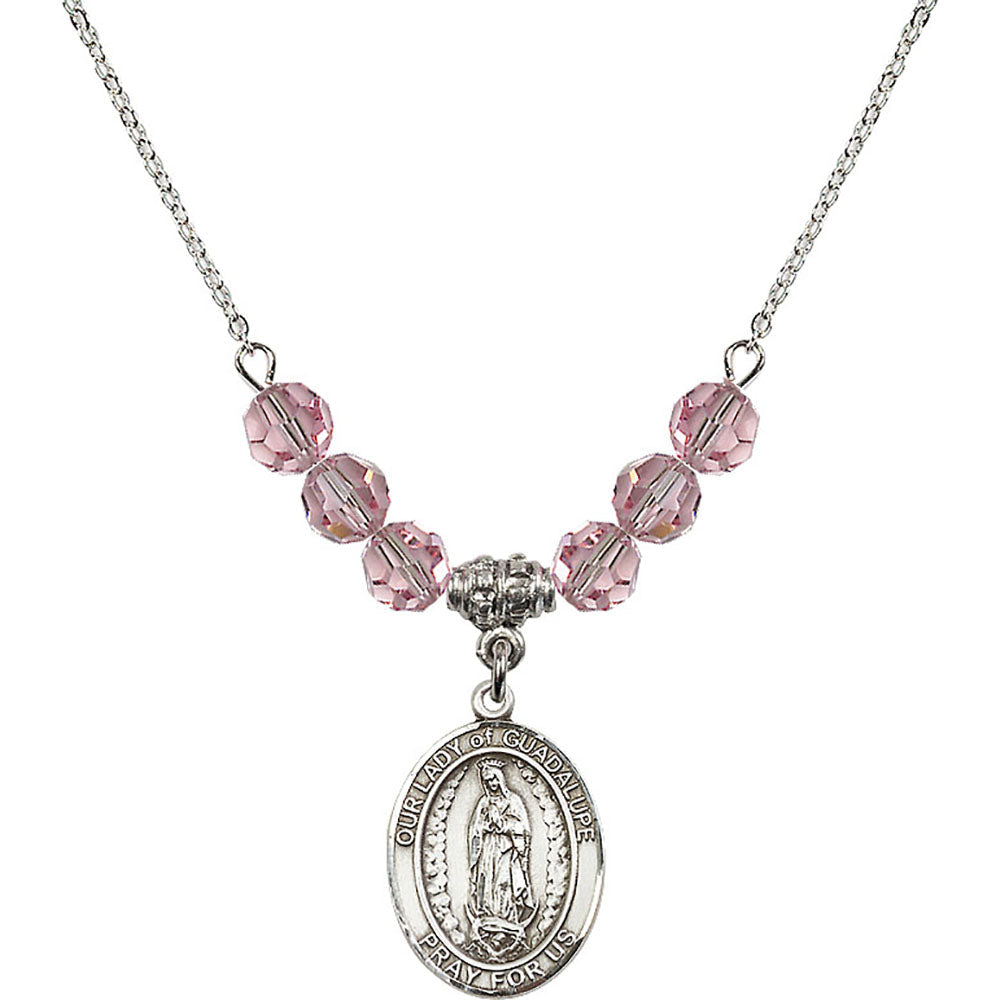 Sterling Silver Our Lady of Guadalupe Birthstone Necklace with Light Rose Beads - 8206