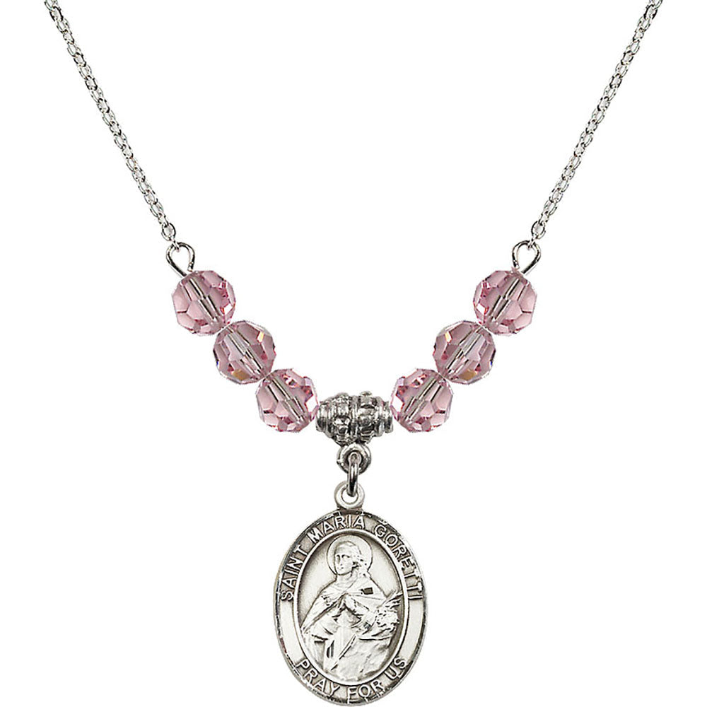 Sterling Silver Saint Maria Goretti Birthstone Necklace with Light Rose Beads - 8208