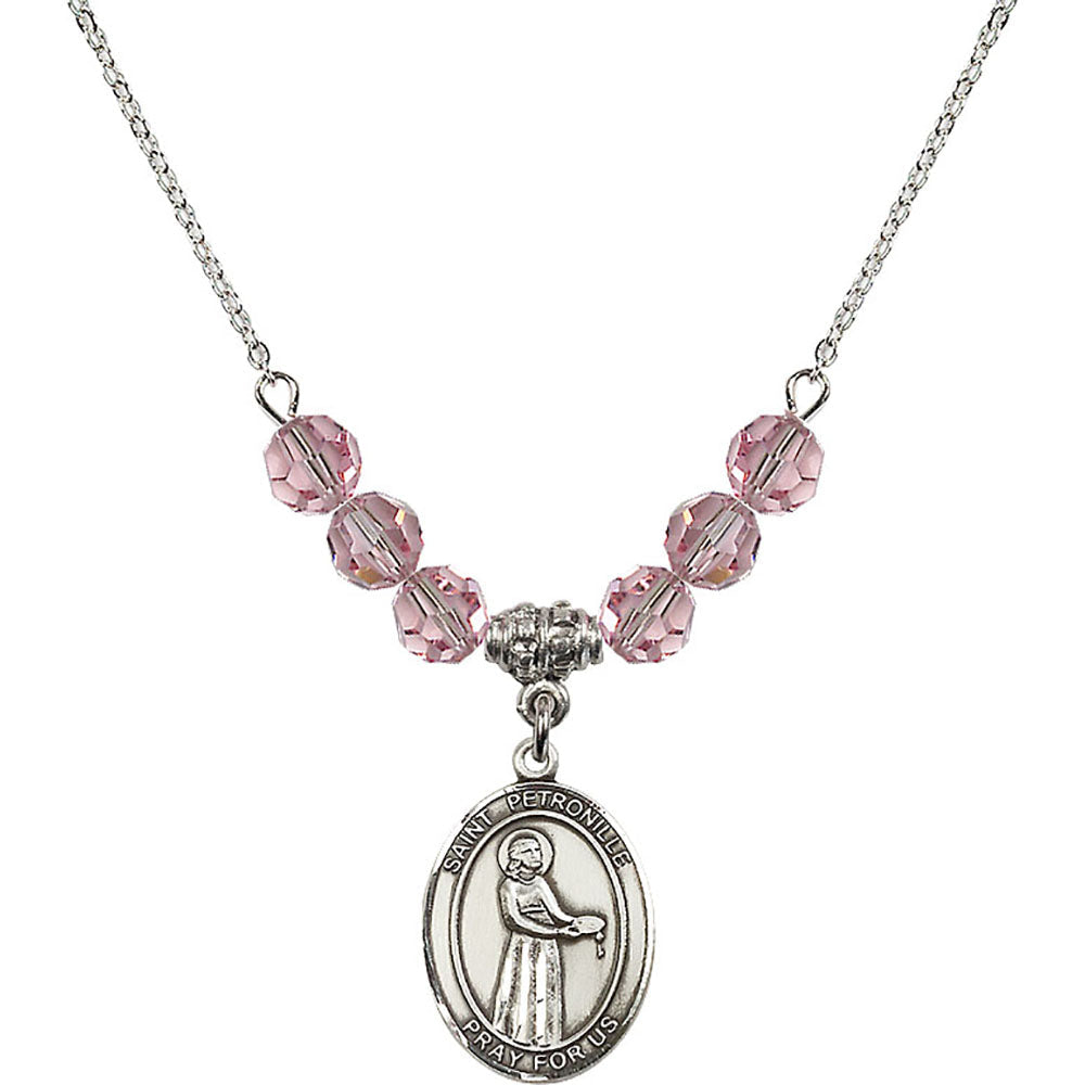 Sterling Silver Saint Petronille Birthstone Necklace with Light Rose Beads - 8209
