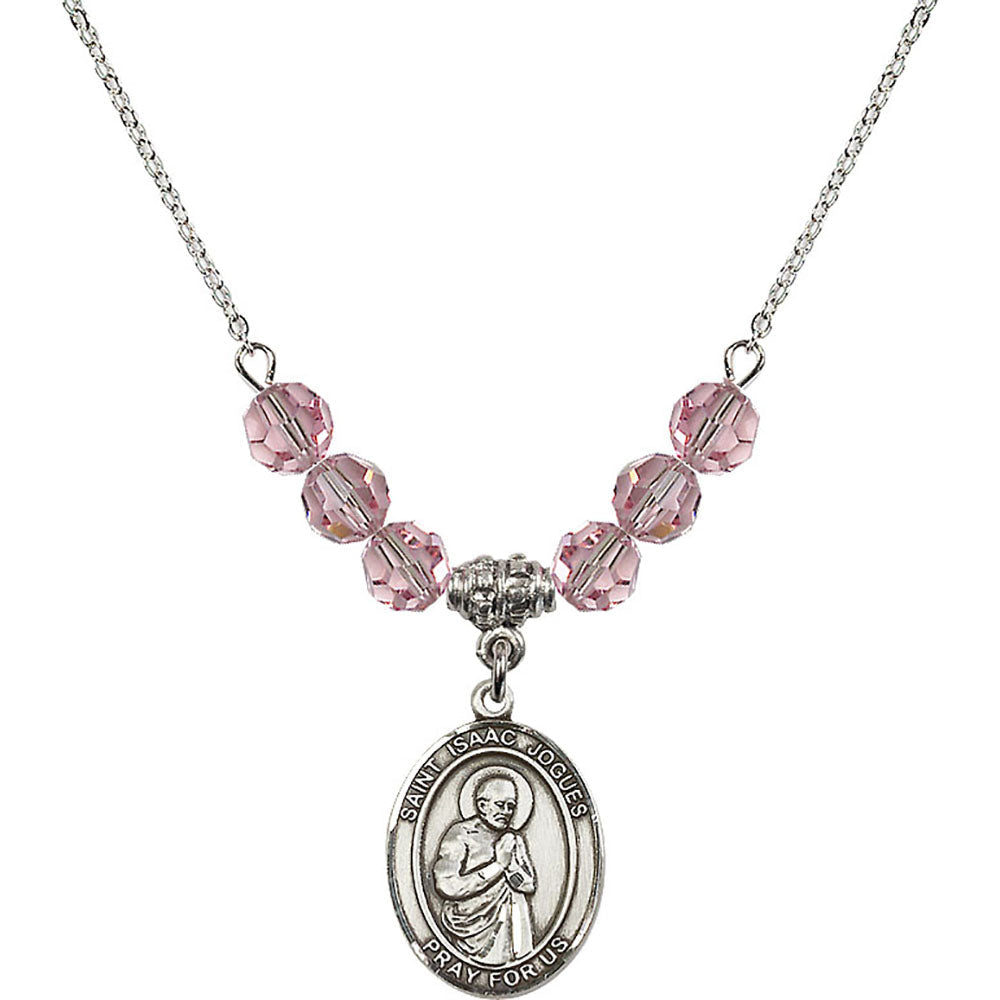 Sterling Silver Saint Isaac Jogues Birthstone Necklace with Light Rose Beads - 8212