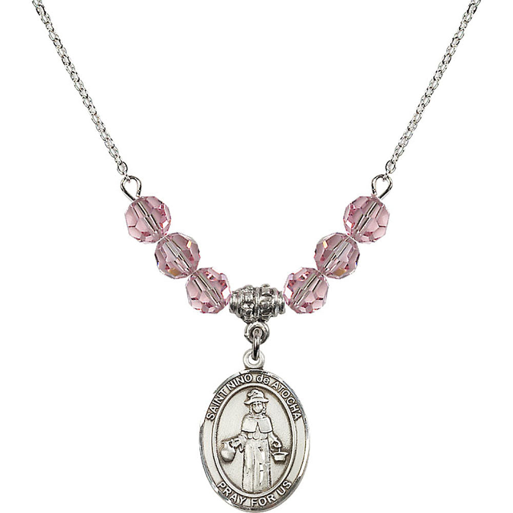 Sterling Silver Saint Nino de Atocha Birthstone Necklace with Light Rose Beads - 8214