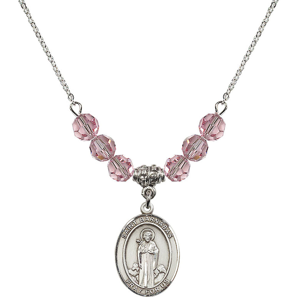 Sterling Silver Saint Barnabas Birthstone Necklace with Light Rose Beads - 8216