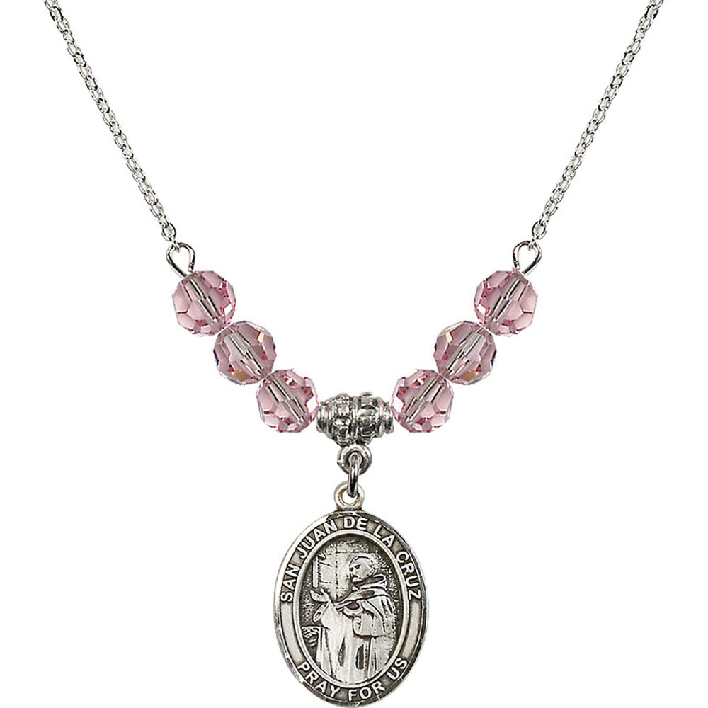 Sterling Silver San Juan de la Cruz Birthstone Necklace with Light Rose Beads - 8232