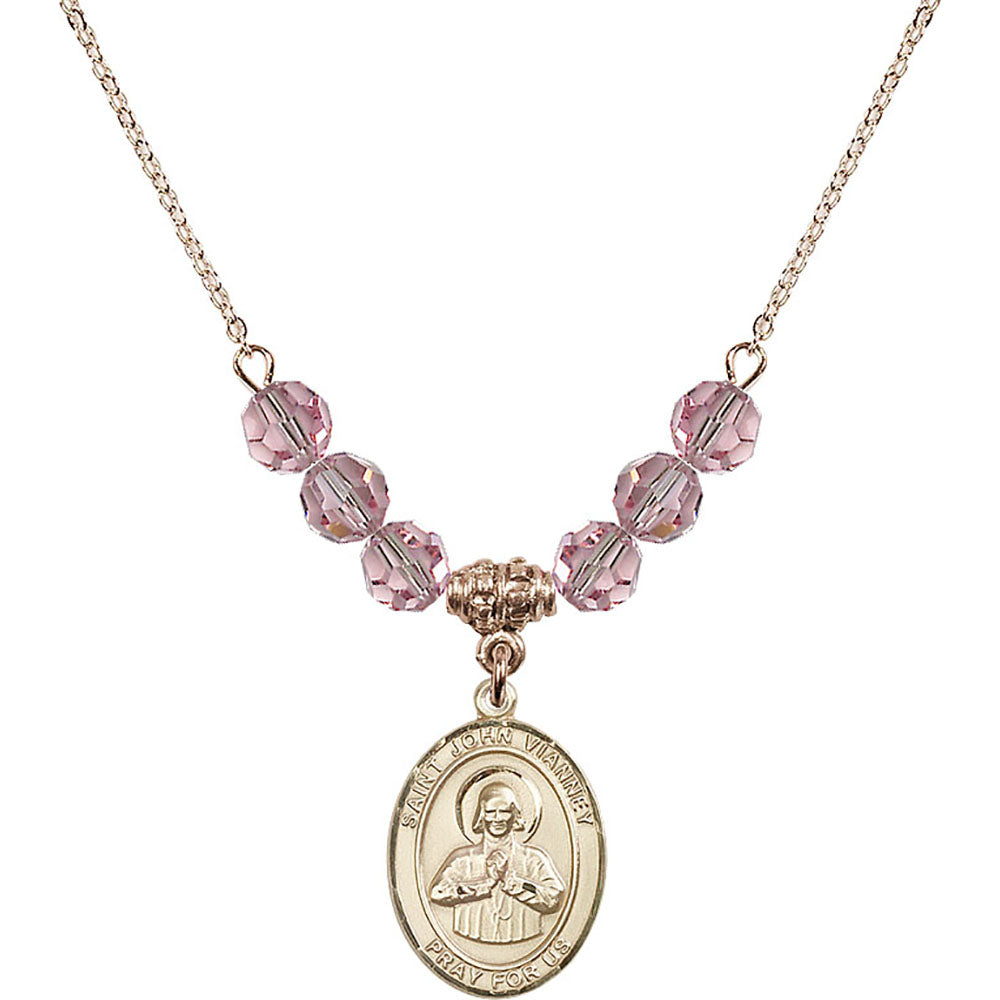 14kt Gold Filled Saint John Vianney Birthstone Necklace with Light Rose Beads - 8282