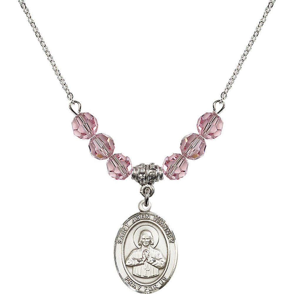 Sterling Silver Saint John Vianney Birthstone Necklace with Light Rose Beads - 8282