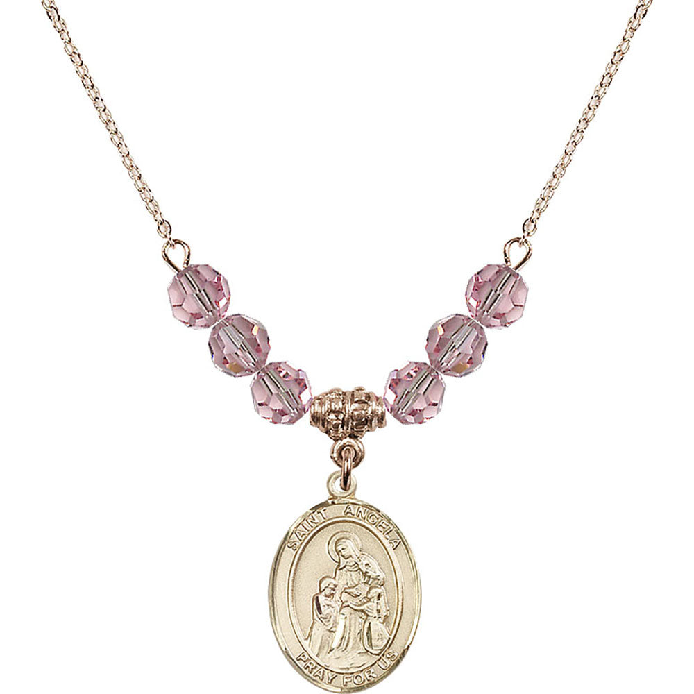 14kt Gold Filled Saint Angela Merici Birthstone Necklace with Light Rose Beads - 8284