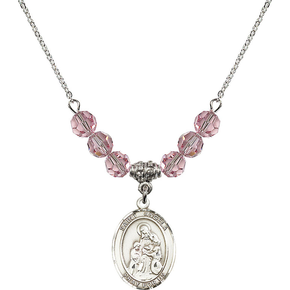 Sterling Silver Saint Angela Merici Birthstone Necklace with Light Rose Beads - 8284