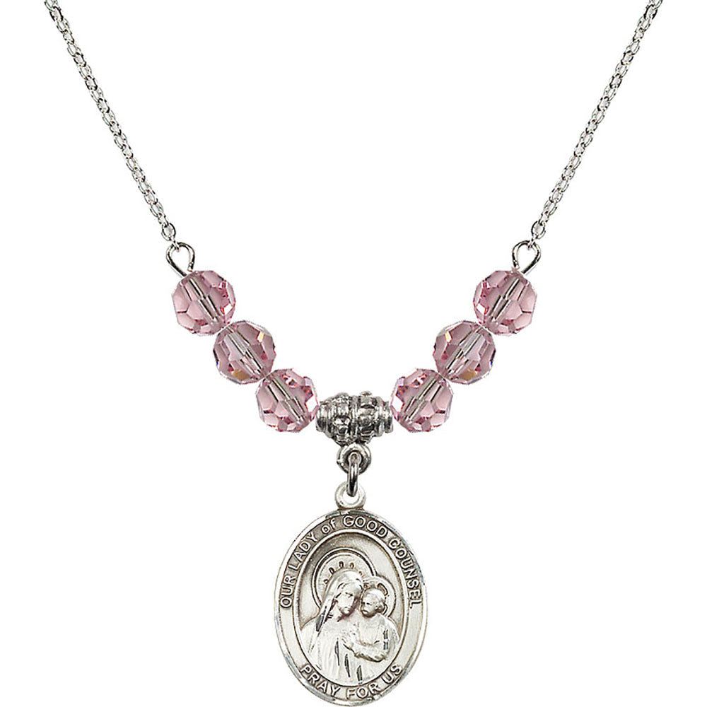 Sterling Silver Our Lady of Good Counsel Birthstone Necklace with Light Rose Beads - 8287