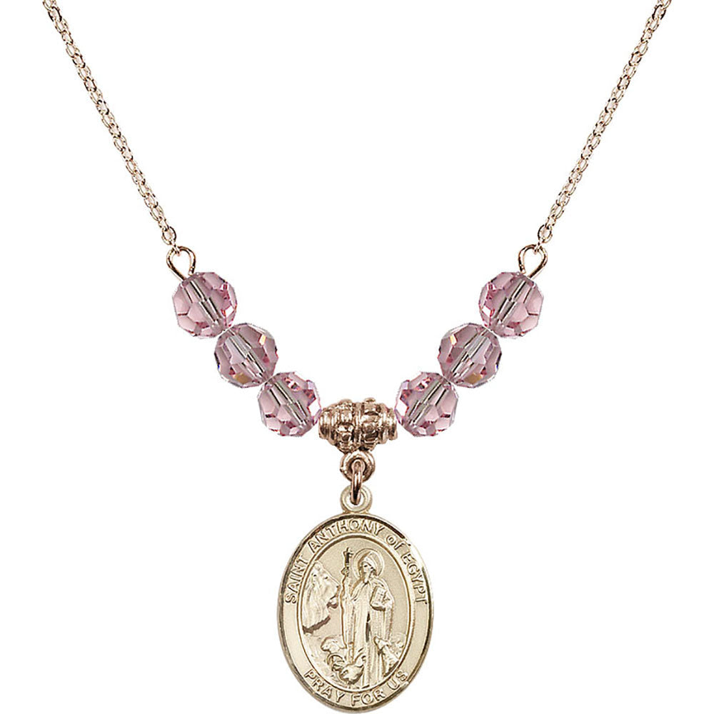 14kt Gold Filled Saint Anthony of Egypt Birthstone Necklace with Light Rose Beads - 8317