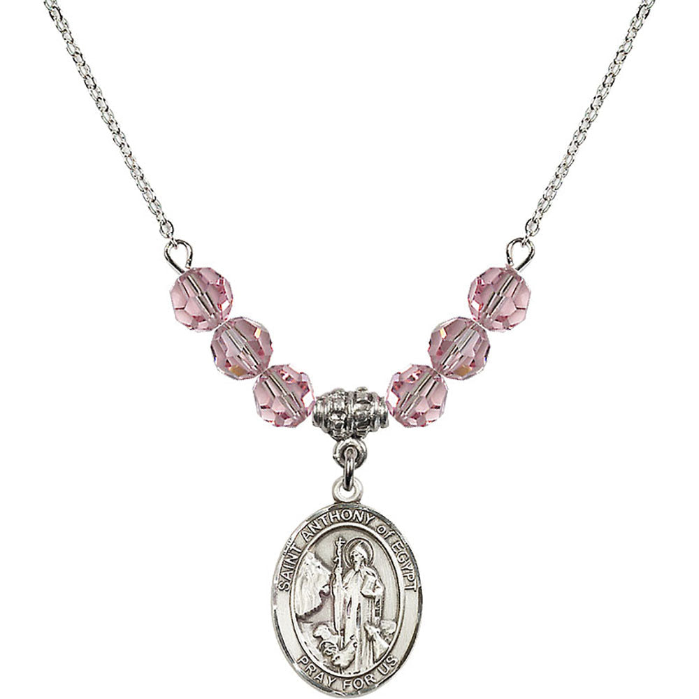 Sterling Silver Saint Anthony of Egypt Birthstone Necklace with Light Rose Beads - 8317