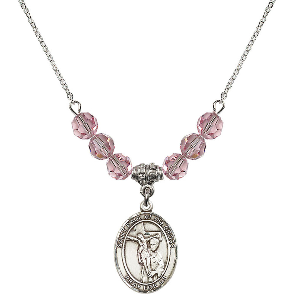 Sterling Silver Saint Paul of the Cross Birthstone Necklace with Light Rose Beads - 8318