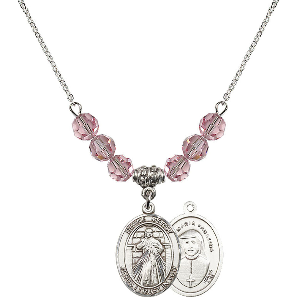 Sterling Silver Divine Mercy Birthstone Necklace with Light Rose Beads - 8366