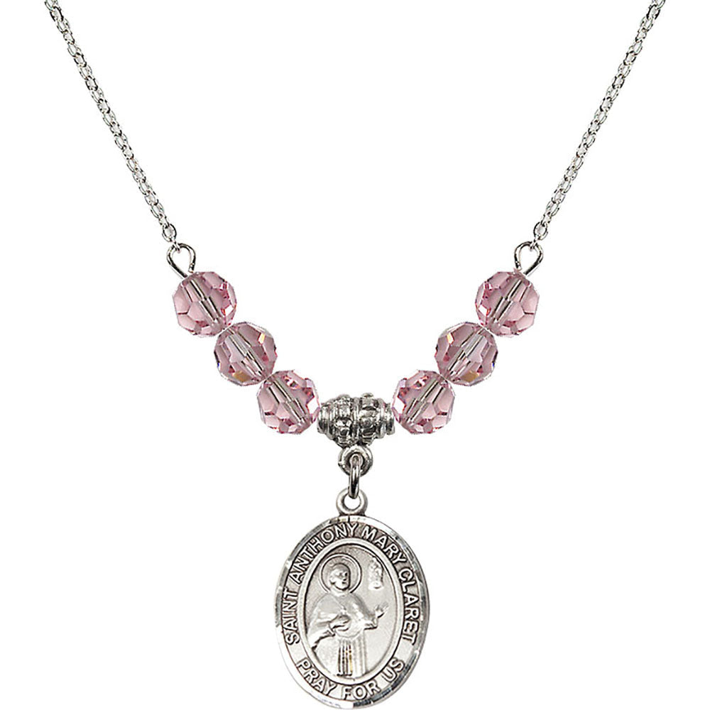Sterling Silver Saint Anthony Mary Claret Birthstone Necklace with Light Rose Beads - 8416