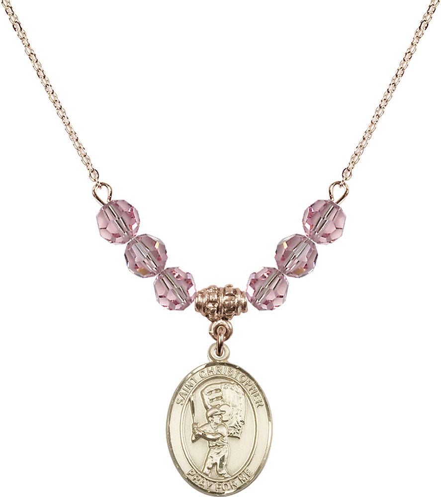 14kt Gold Filled Saint Christopher/Baseball Birthstone Necklace with Light Rose Beads - 8500