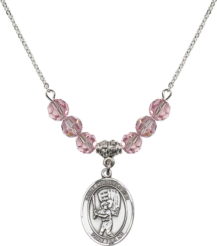 Sterling Silver Saint Christopher/Baseball Birthstone Necklace with Light Rose Beads - 8500