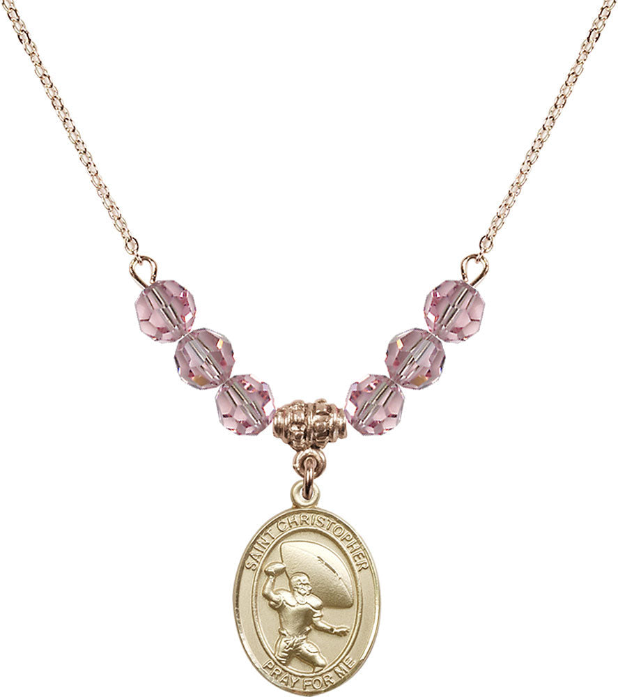 14kt Gold Filled Saint Christopher / Football Birthstone Necklace with Light Rose Beads - 8501