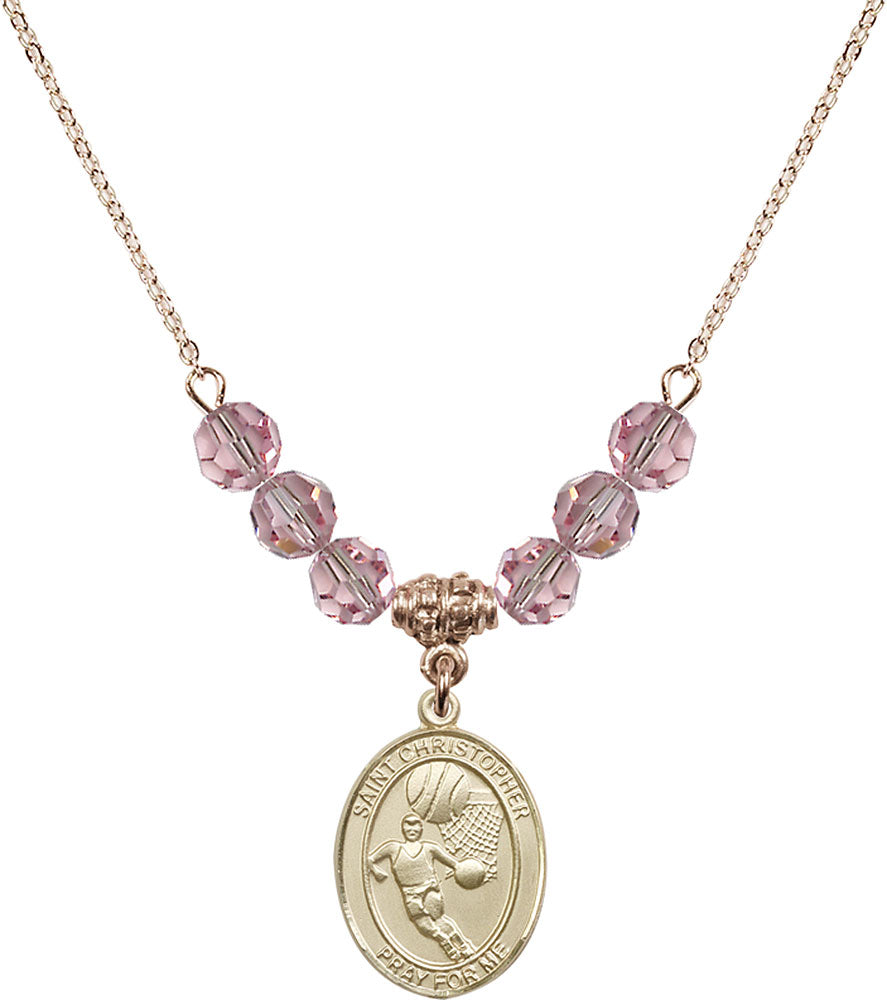 14kt Gold Filled Saint Christopher/Basketball Birthstone Necklace with Light Rose Beads - 8502