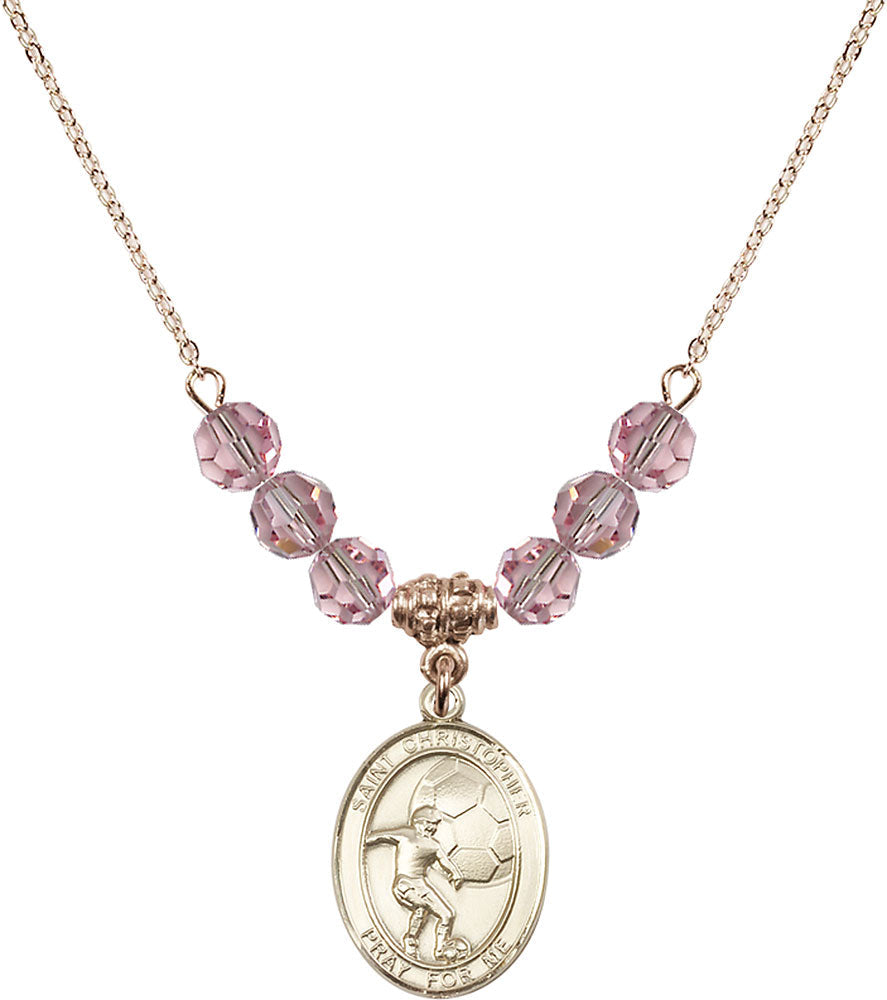 14kt Gold Filled Saint Christopher/Soccer Birthstone Necklace with Light Rose Beads - 8503