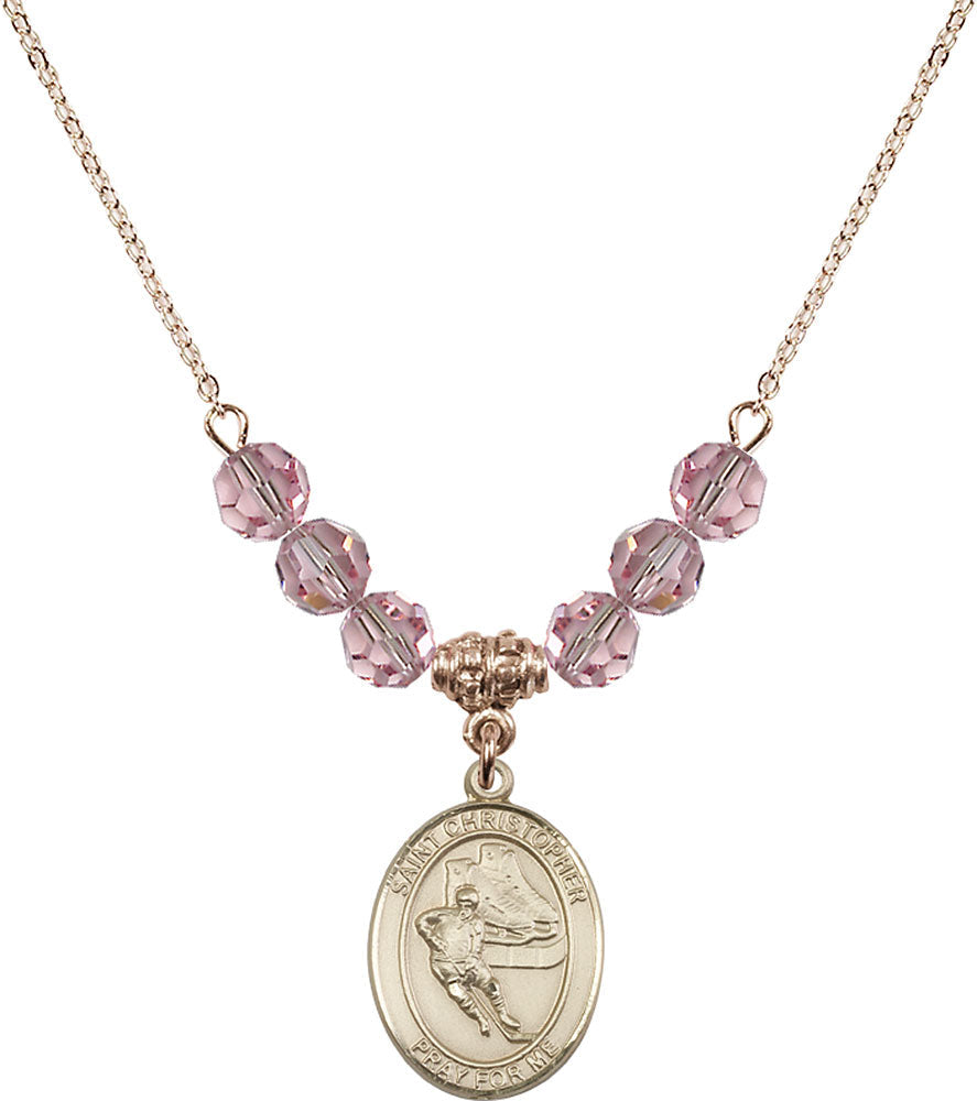 14kt Gold Filled Saint Christopher/Hockey Birthstone Necklace with Light Rose Beads - 8504