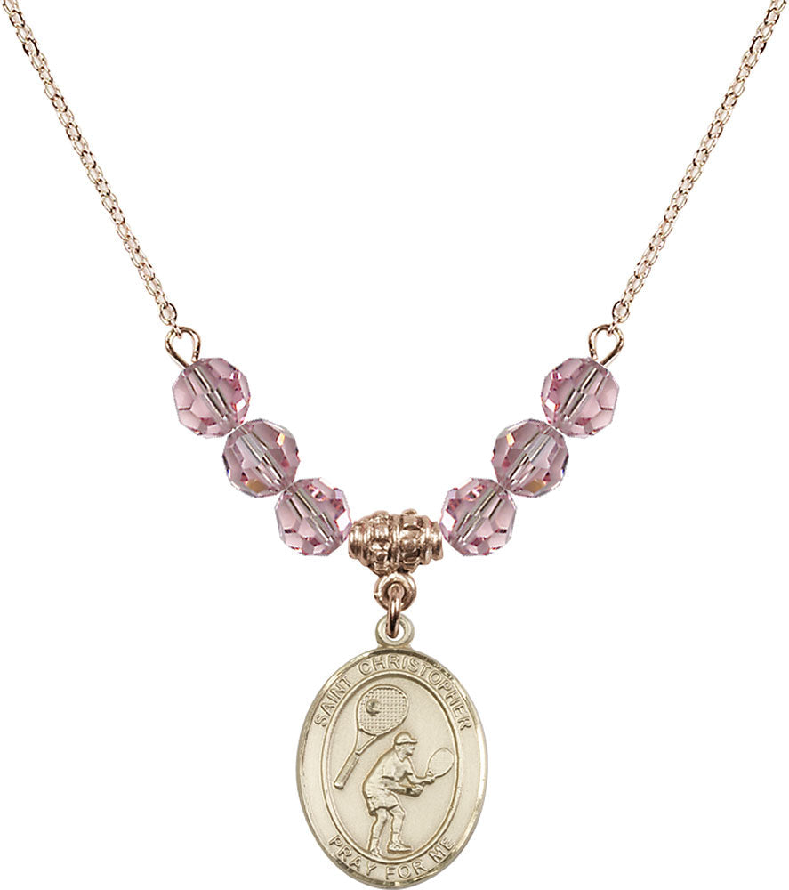 14kt Gold Filled Saint Christopher/Tennis Birthstone Necklace with Light Rose Beads - 8505