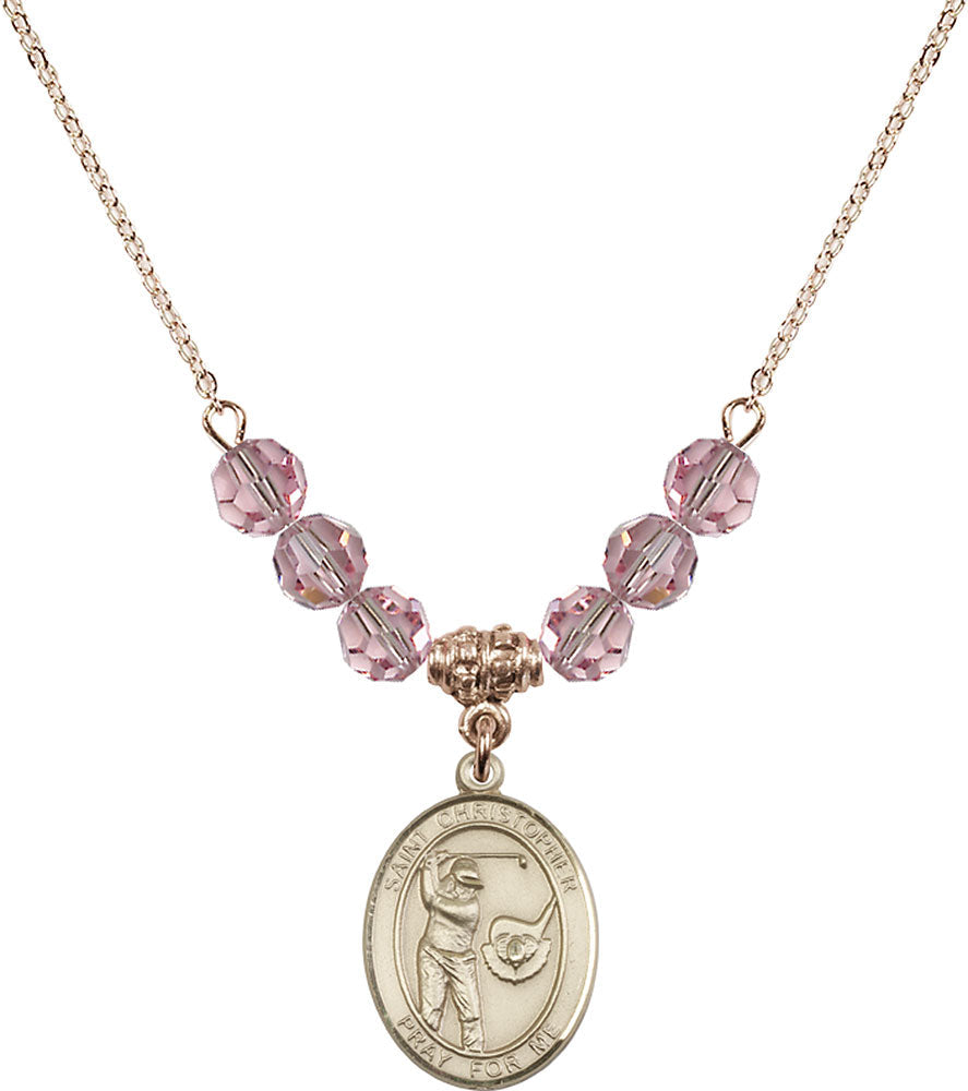 14kt Gold Filled Saint Christopher/Golf Birthstone Necklace with Light Rose Beads - 8506